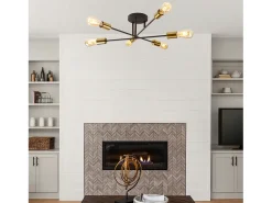 Searchlight Armstrong 6 Light Semi Flush Ceiling Light Matt Black, Satin Brass, E27
