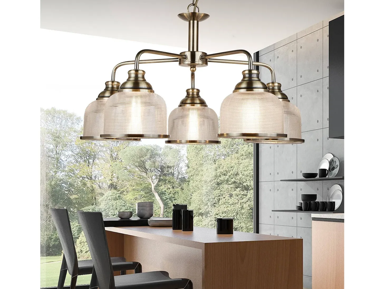 Searchlight Bistro 5 Ljus Multi Arm Ceiling Pendel Vit, Antik Mssing, E27
