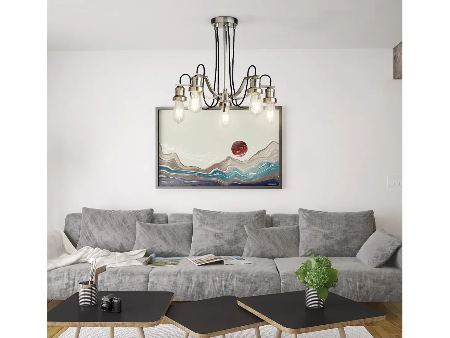 Searchlight Olivia5 ljust tak, svart flätad tygkabel, satin silver