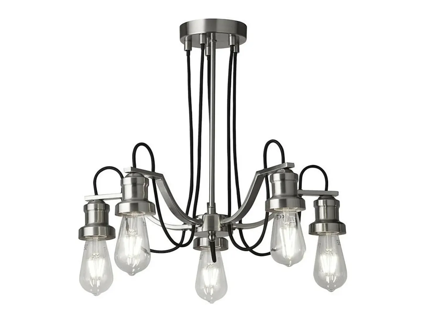 Searchlight Olivia5 ljust tak, svart flätad tygkabel, satin silver