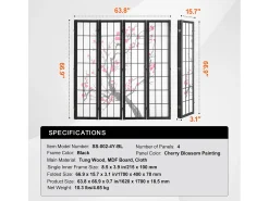 Separador de Ambientes SucceBuy, Separador de Ambientes Japonés con 4 Paneles con Motivos de Flores de Cerezo, de Madera, Gira 360°, para Separar Habitaciones