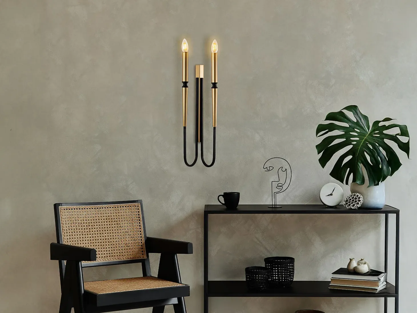 Set de 2 apliques de pared estilo candelabro de metal - Dorado y negro - Alt. 58 cm - OVYLA