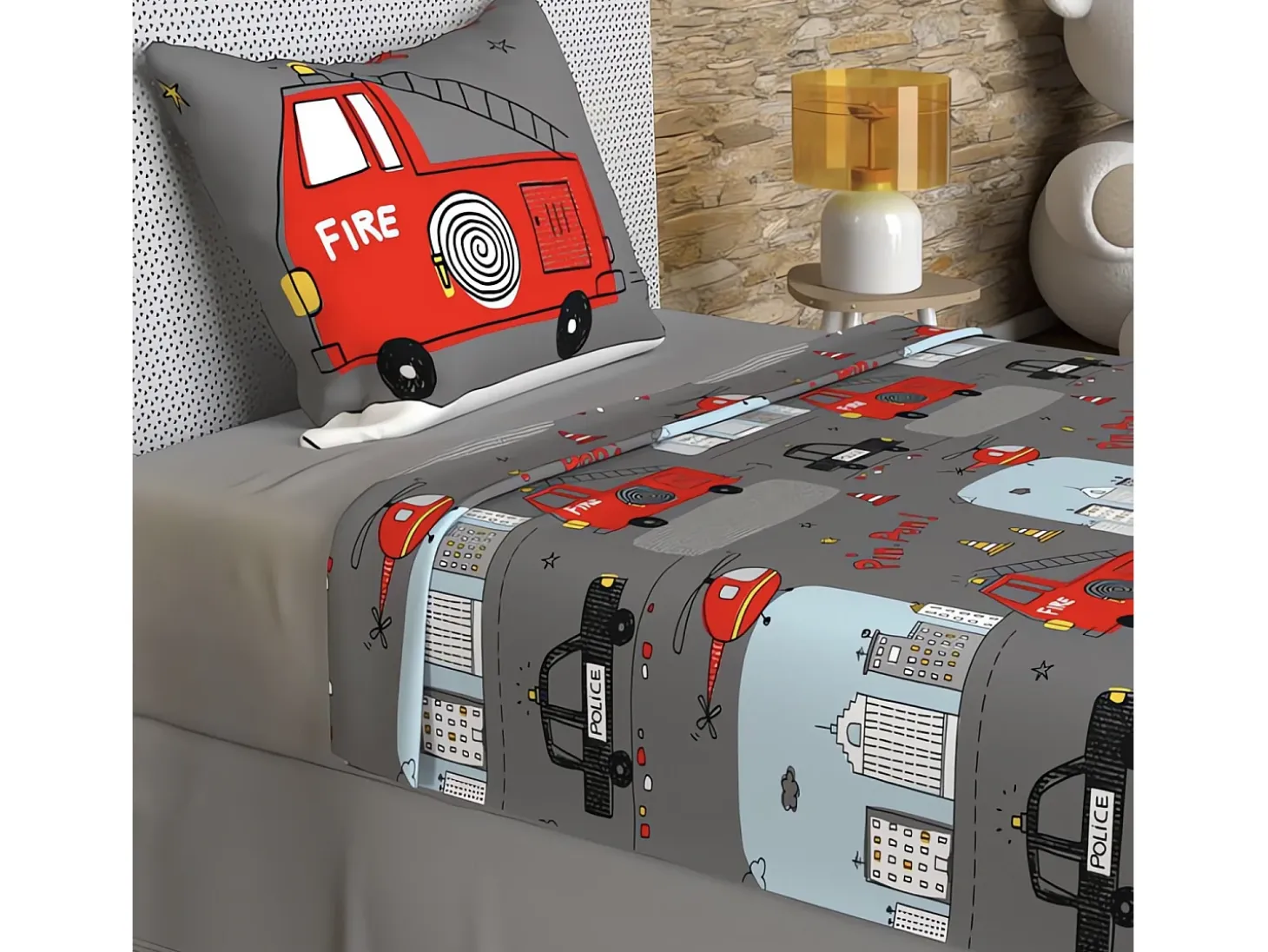 Set de sábanas 180x290 cm BOMBEROS gris, 100% algodón 57 hilos/cm2