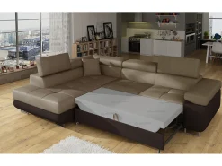 Sofá esquinero convertible en terciopelo con reposacabezas elevables - Colección Marka-Marrón/Marrón claro-Ángulo izquierdo