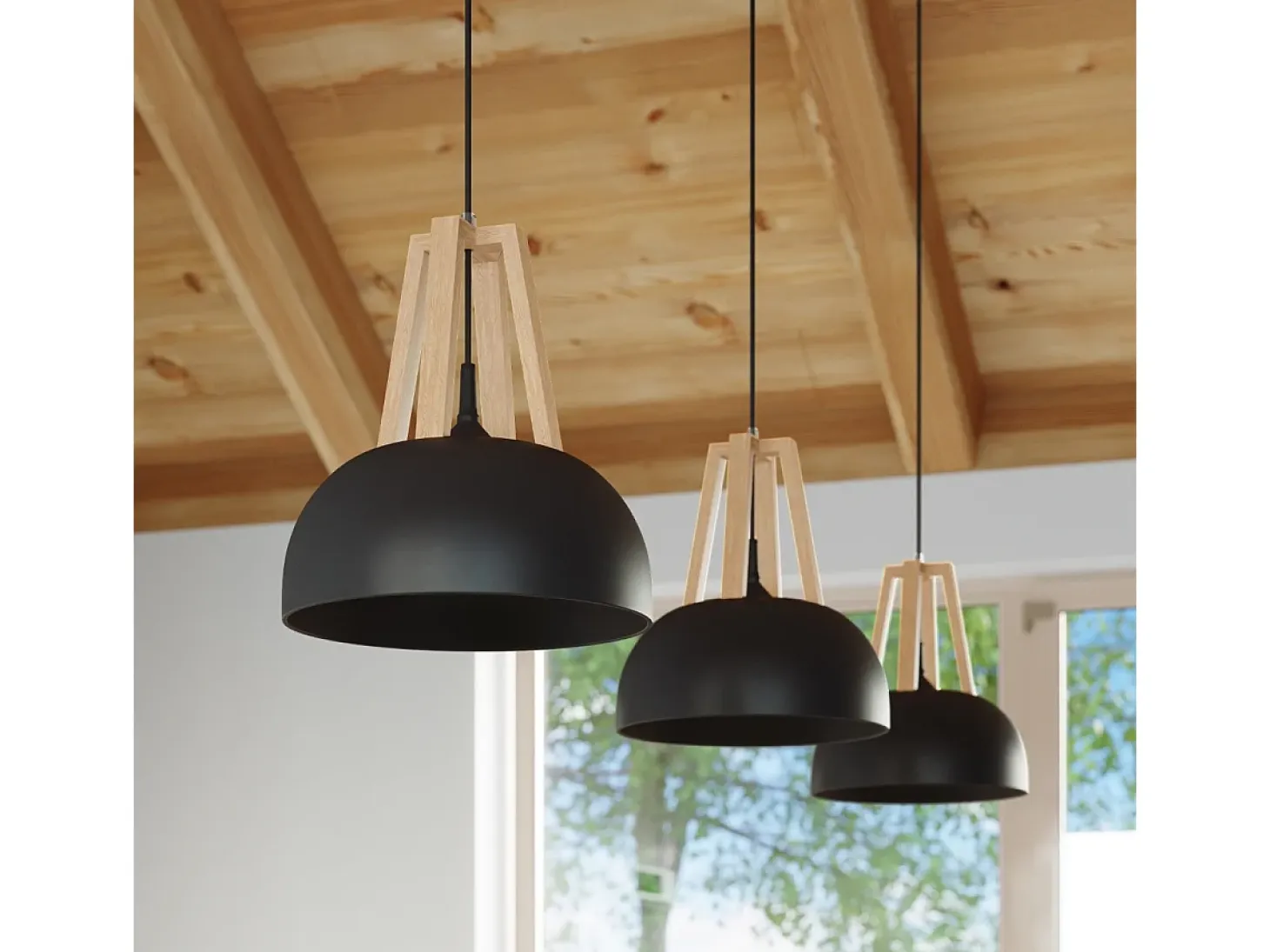 Sollux CASCO - 1 lámpara colgante de techo tipo domo negro, madera natural, E27