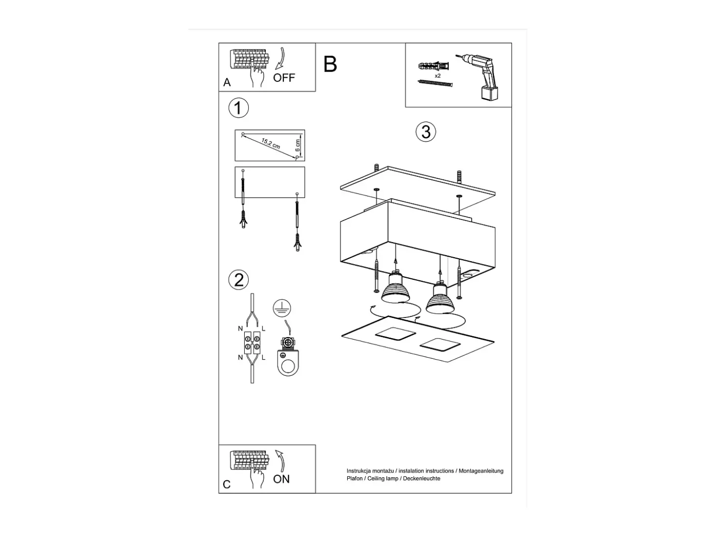 Sollux MONO - Lámpara de techo empotrada de 2 luces en blanco y negro, GU10