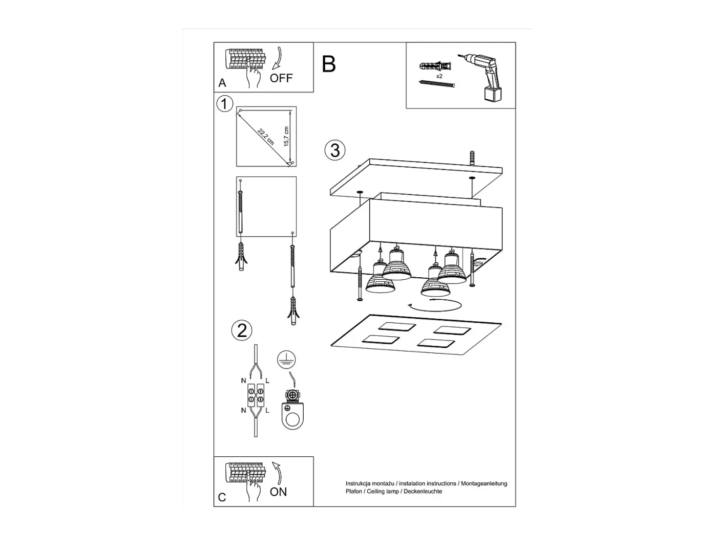 Sollux MONO - Lámpara de techo empotrada de 4 luces en blanco y negro, GU10
