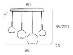 Sosp. Cromo Rettangolare 4 Luci Vetri (1 Grande+1 Medio+2 Piccolo) Tutti Cromo