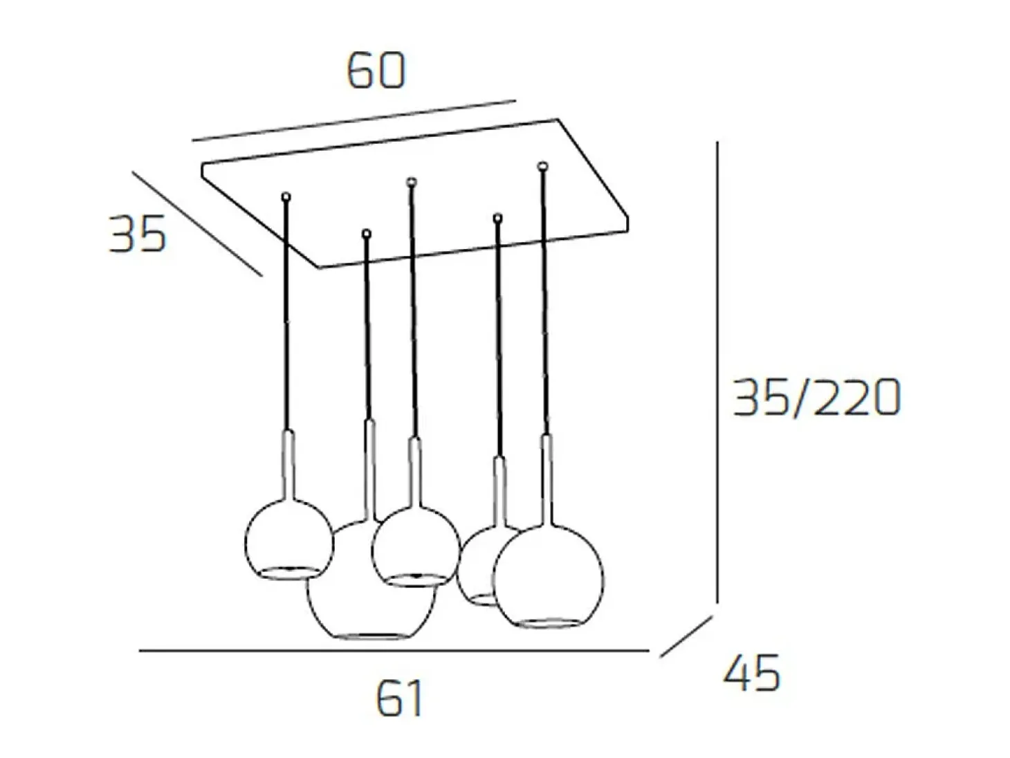 Sosp. Cromo Rettangolare 5 Luci Vetri (1 Grande+1 Medio+3 Piccolo) Tutti Cromo