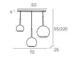 Sosp. Cromo Rettangolare 3 Luci Vetri (1 X Grande+ 1 X Medio+ 1 X Piccolo)Tutti Cromo