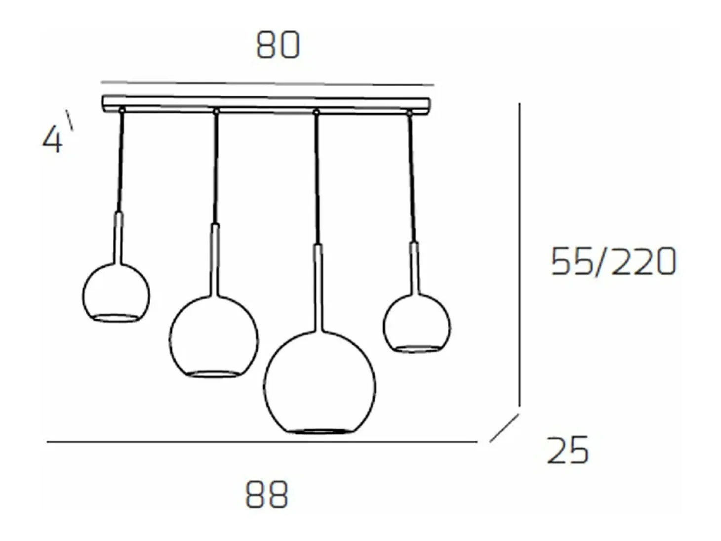 Sosp. Cromo Rettangolare 4 Luci Vetri (1 Grande+1 Medio+2 Piccolo) Tutti Trasparenti