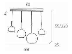 Sosp. Cromo Rettangolare 4 Luci Vetri (1 Grande+1 Medio+2 Piccolo) Tutti Rame