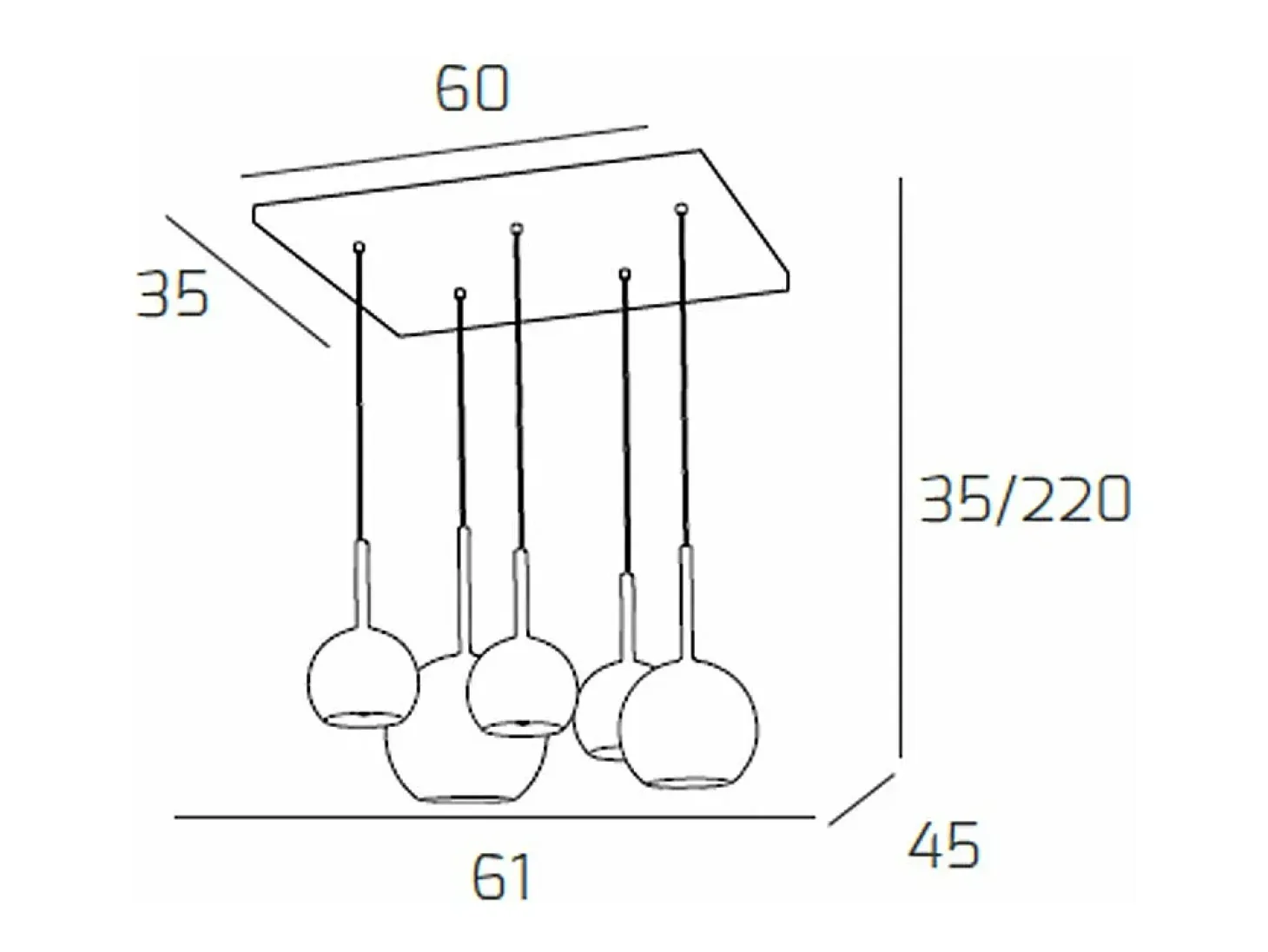 Sosp. Cromo Rettangolare 5 Luci Vetri (1 Grande+1 Medio+3 Piccolo) Tutti Trasparente