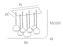 Sosp. Cromo Rettangolare 7 Luci Vetri (1 Grande Tr+1 Medio Cr+1 Medio Tr +4 Piccolo (3 X Cr+1 X Tr))