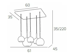 Sosp. Cromo Rettangolare 5 Luci Vetri (1 Grande+1 Medio+3 Piccolo) Tutti Rame