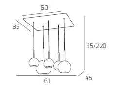 Sosp. Cromo Rettangolare 5 Luci Vetri (1 Grande Am+1 Medio Am+3 Piccolo (1X Am+2X Tr))