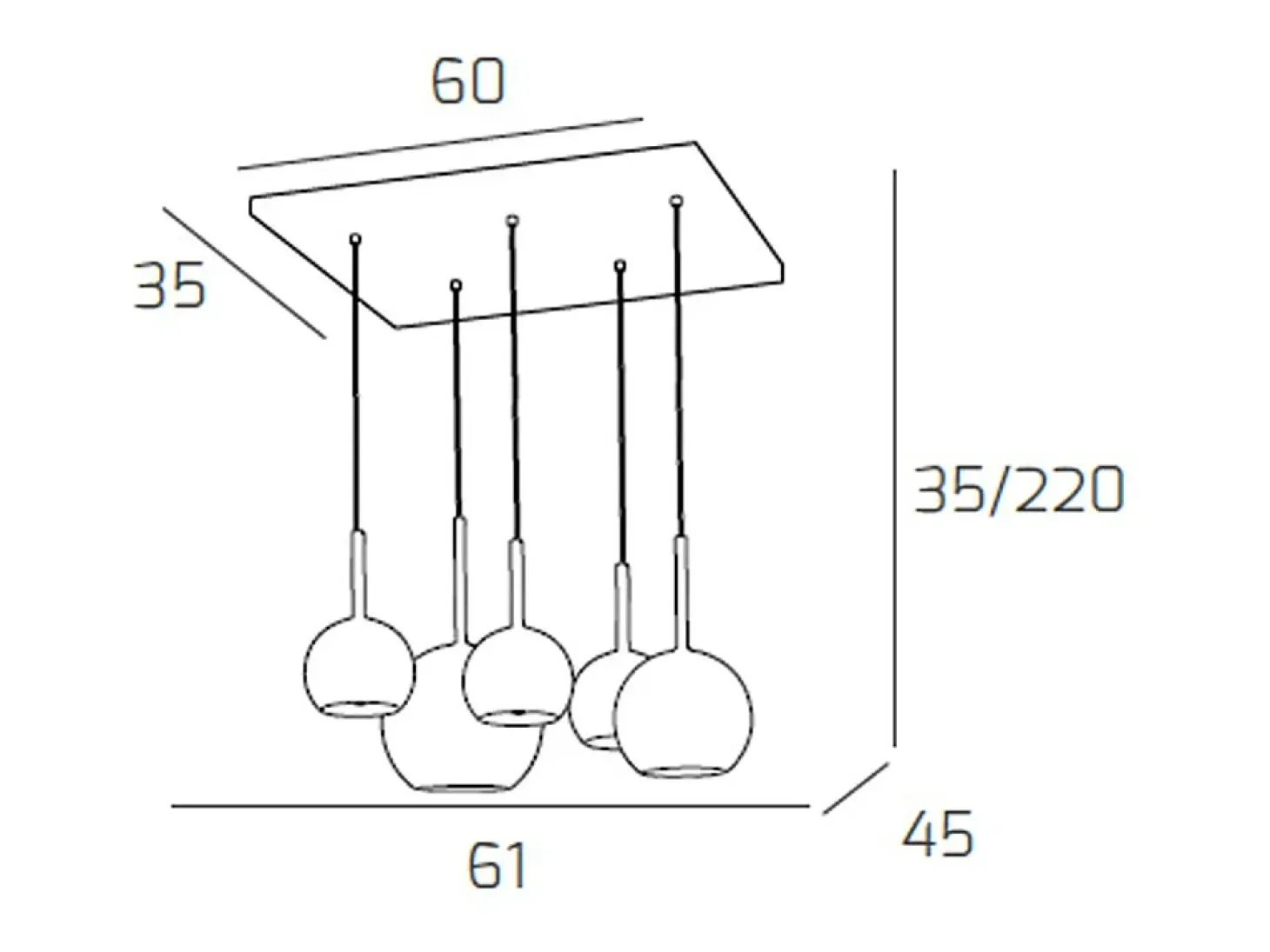 Sosp. Cromo Rettangolare 5 Luci Vetri (1 Grande Am+1 Medio Am+3 Piccolo (1X Am+2X Tr))