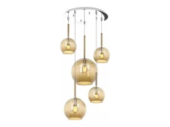Sosp. Cromo Tonda 5 Luci Vetri (1 Grande+1 Medio+3 Piccolo) Tutti Ambra
