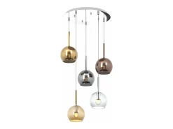 Sosp. Cromo Tonda 5 Luci Vetri Tutti Piccolo Trasparente Ambra Cromo Oro Rame