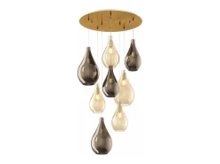 Sosp. Ottone Sat. 8 Luci Tonda Vetri (5 Piccoli (2Xam+3Xbr)+3 Medi (1Xam+2Xbr))