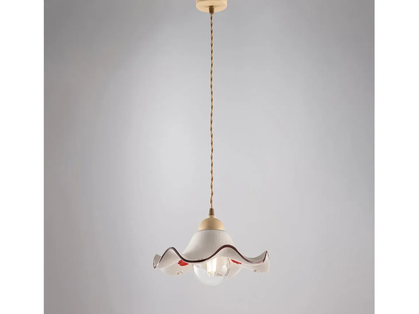Sospensione 1 Luce Anemone In Ferro Laccato Avorio E Ceramica Decorata