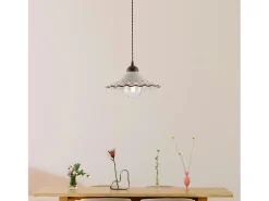 Sospensione 1 Luce Osteria In Ferro Nero Ruggine E Coppa In Ceramica Decorata