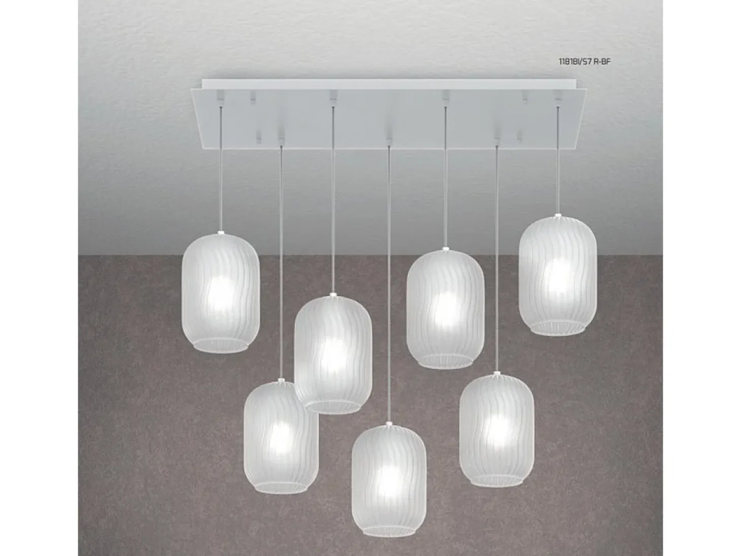 Sospensione Bianco 7 Luci Rettangolare Vetri Bianco Fog