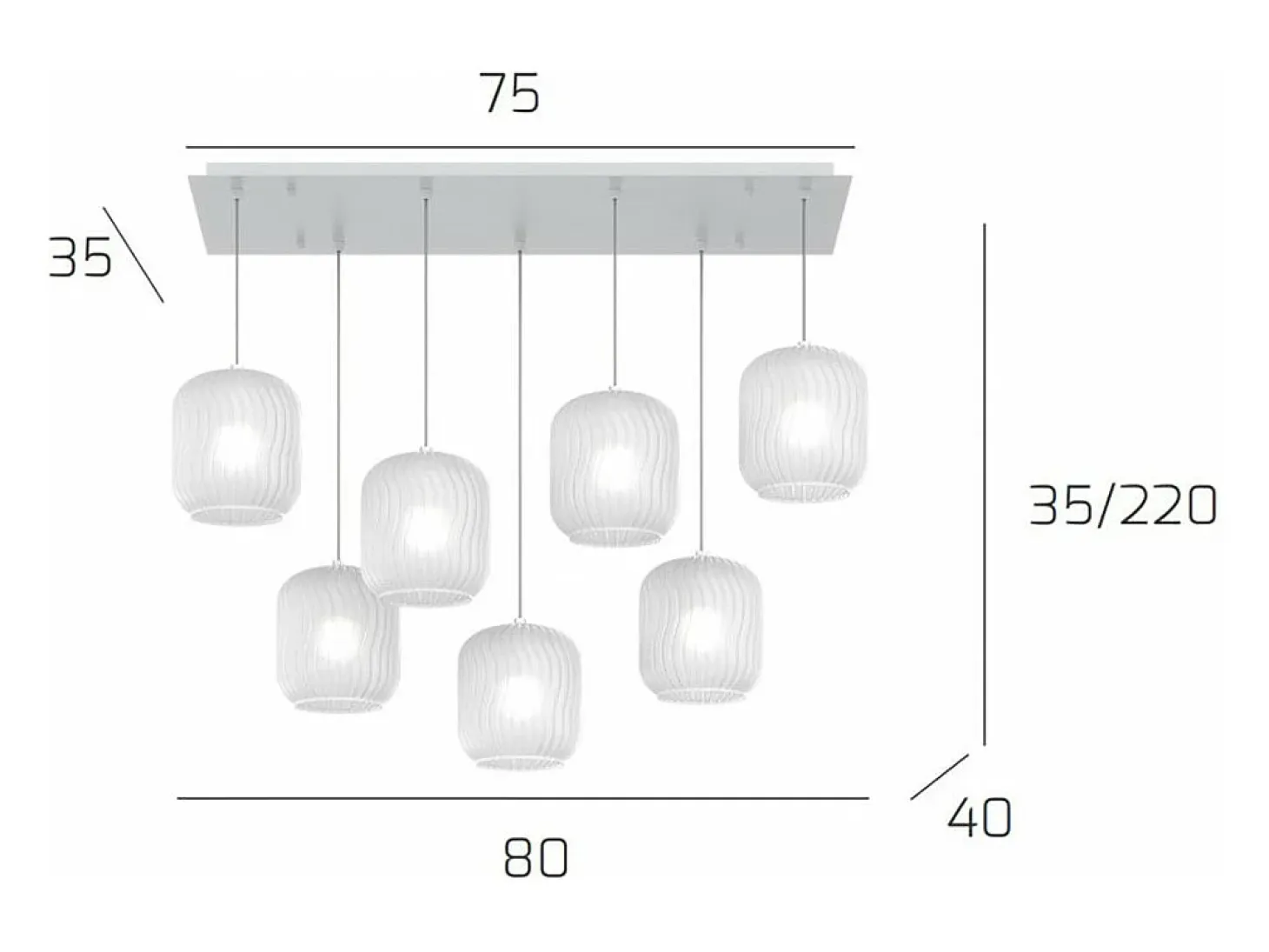 Sospensione Bianco 7 Luci Rettangolare Vetri Bianco Fog