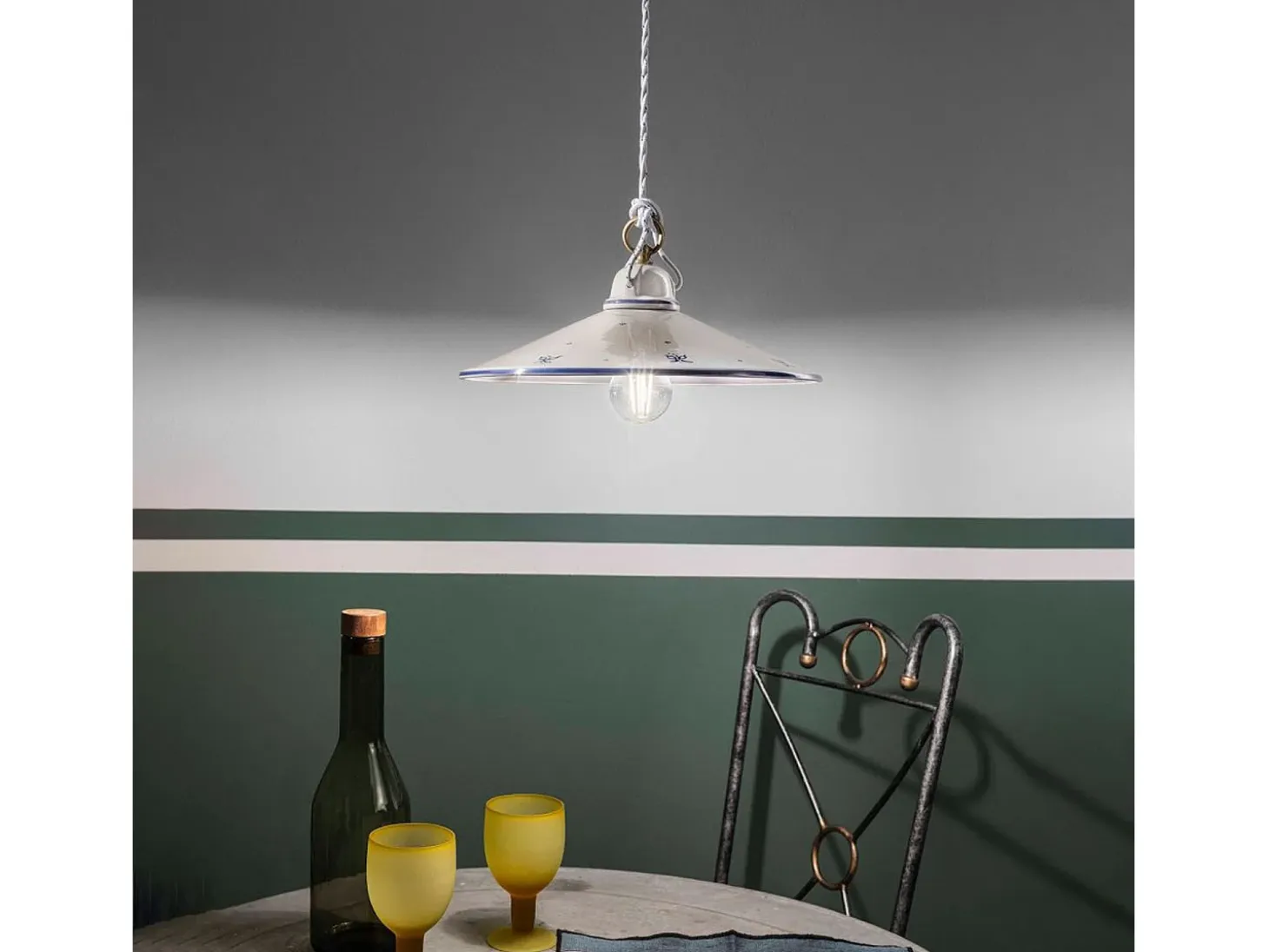 Sospensione Classica Asti Ceramica E Ottone Decorato Filo Blu 35Cm 1 Luce E27