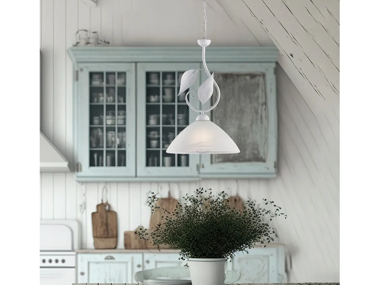 Sospensione Classica Esse 1 Luce Ferro Battuto E Vetro Bianco E Argento