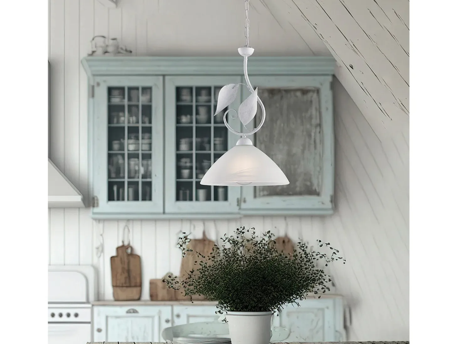 Sospensione Classica Esse 1 Luce Ferro Battuto E Vetro Bianco E Argento