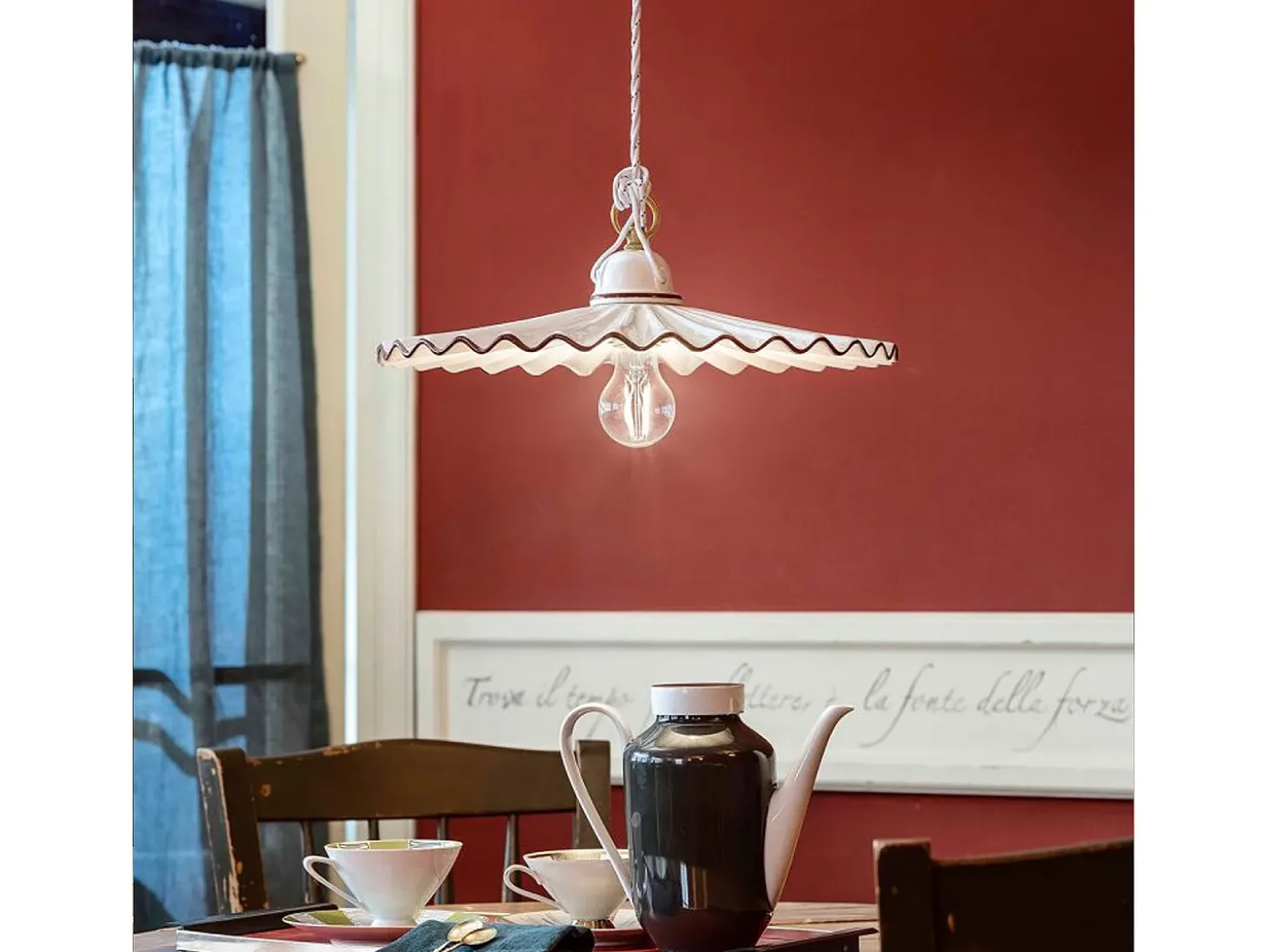Sospensione Classica L'Aquila Ottone E Ceramica Decorato Diam. 41Cm 1 Luce E27