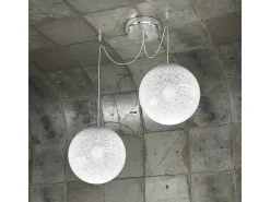 Sospensione Contemporanea Glitter Metallo Cromo Vetro Soffiato Trasp 2 Luci E14