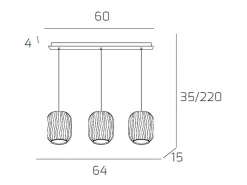 Sospensione Cromo 3 Luci Rettangolare Vetri Tr + 2X Bf