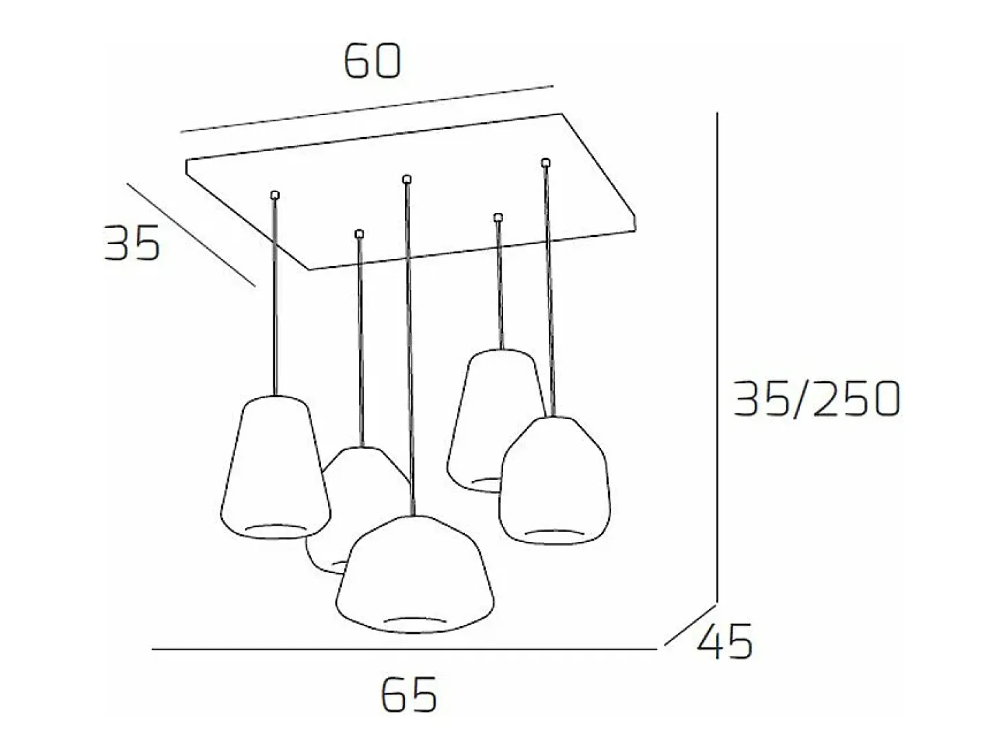 Sospensione Cromo 5 Luci Rettangolare Vetri 1X Alpha + 2X Beta + 2X Gamma Ambra
