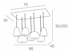 Sospensione Cromo 7 Luci Rettangolare Vetri (Alpha Tr + Am) (Beta 1X Tr + 2X Am) (Gamma Am + Tr)