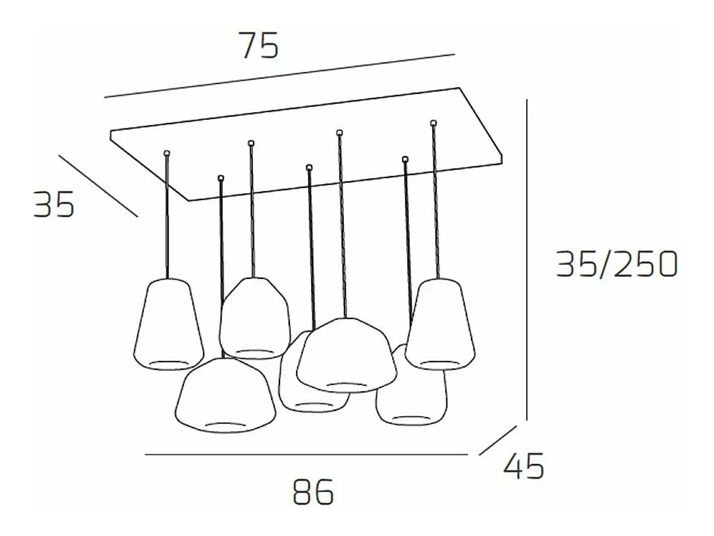 Sospensione Cromo 7 Luci Rettangolare Vetri (Alpha Tr + Am) (Beta 1X Tr + 2X Am) (Gamma Am + Tr)