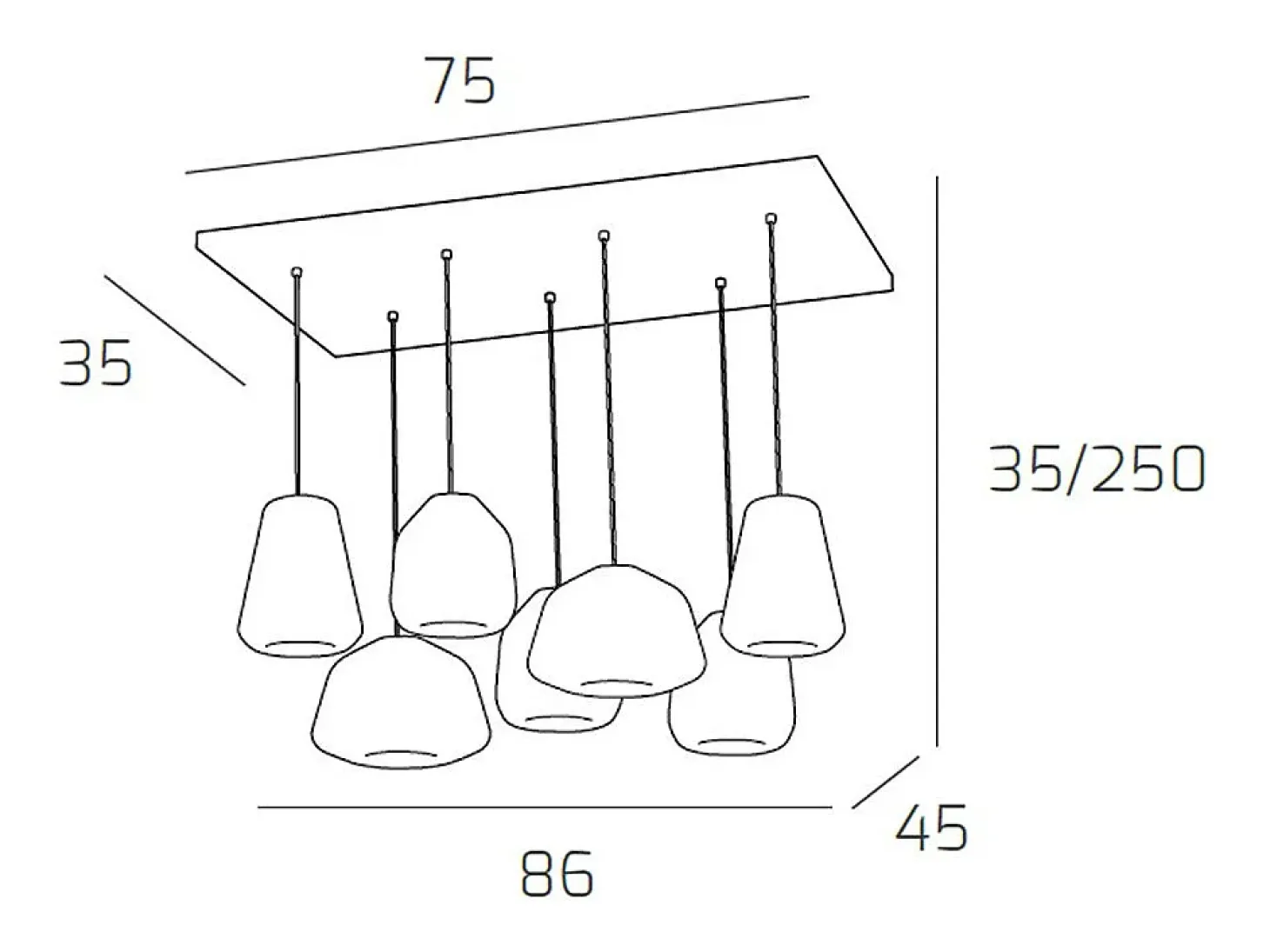 Sospensione Cromo 7 Luci Rettangolare Vetri 2X Alpha + 3X Beta + 2X Gamma Ambra