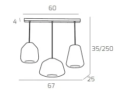 Sospensione Cromo 3 Luci Rettangolare Vetri Alpha + Beta + Gamma Ambra