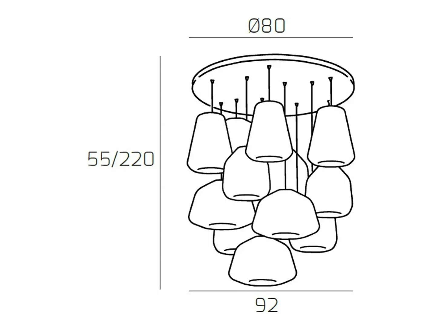 Sospensione Cromo 12 Luci Tonda Vetri 3X Alpha + 4X Beta + 5X Gamma Ambra