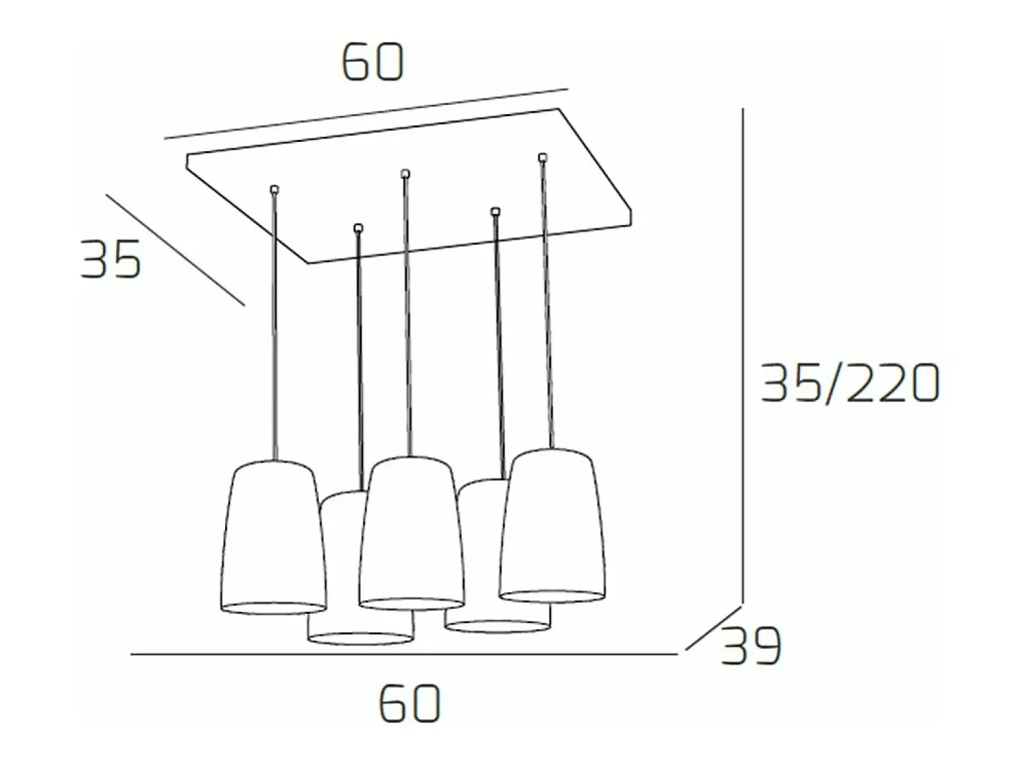 Sospensione Cromo Rettangolare 5 Luci Cromo