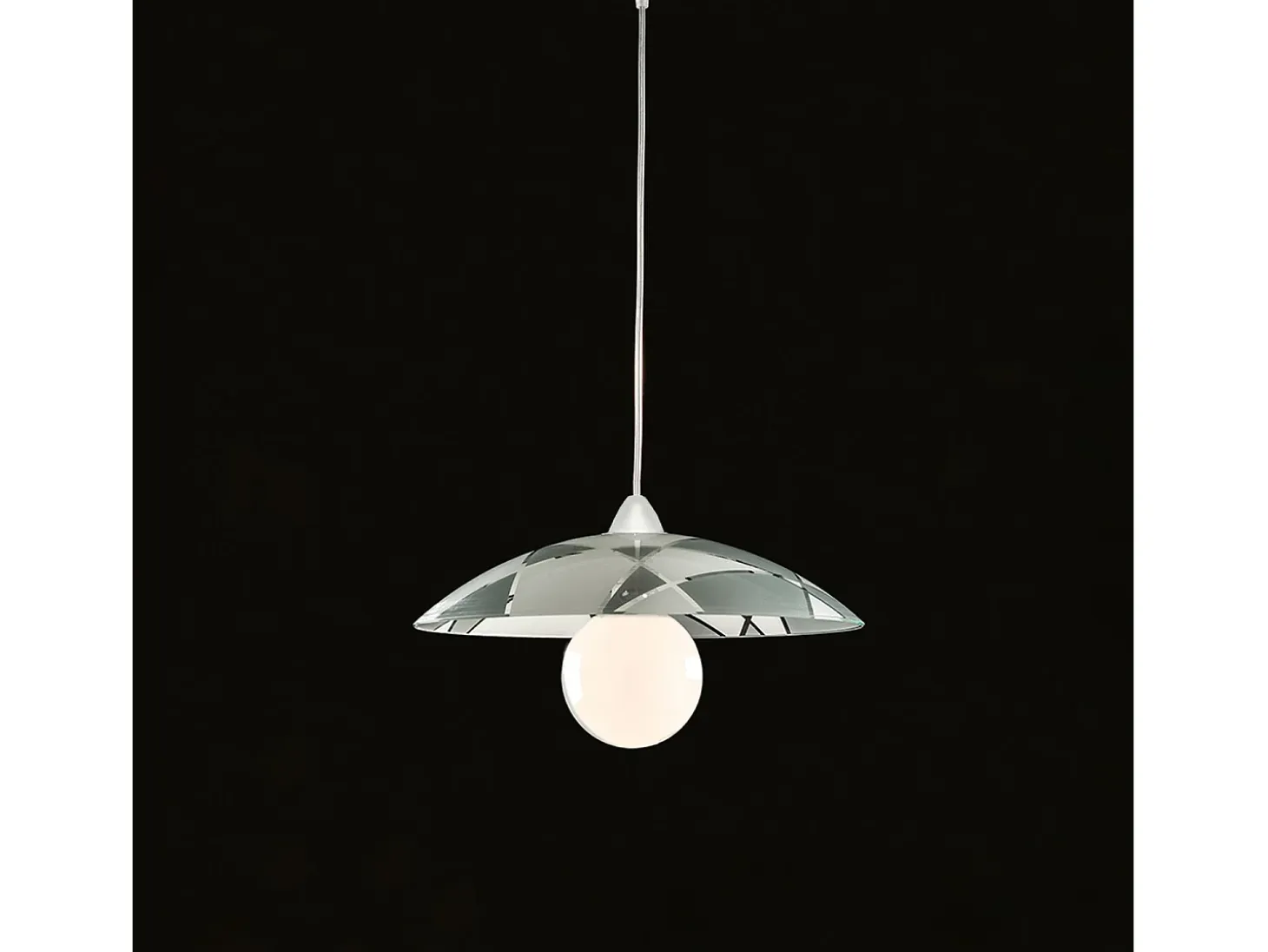 Sospensione Diam.40 cm 1 Luce Plastica Vetro Serigrafato Bianco e Grigio Serie Trapezio