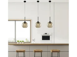 Sospensione Moderna Ankara 1 Luce Ferro Nero Vetro Soffiato Ambra