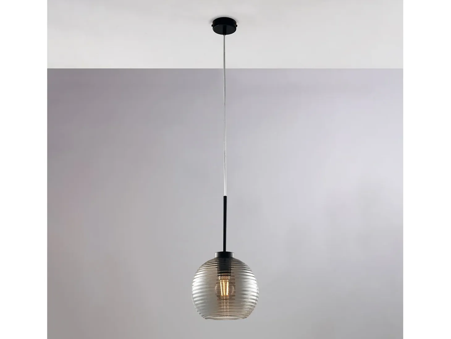 Sospensione Moderna Ankara 1 Luce Ferro Nero Vetro Soffiato Grigio Specchiato
