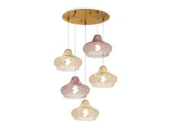Sospensione Ottone Satinato 5 Luci Tonda Vetri (3 X Piccolo Am + 2 X Piccolo Ru)