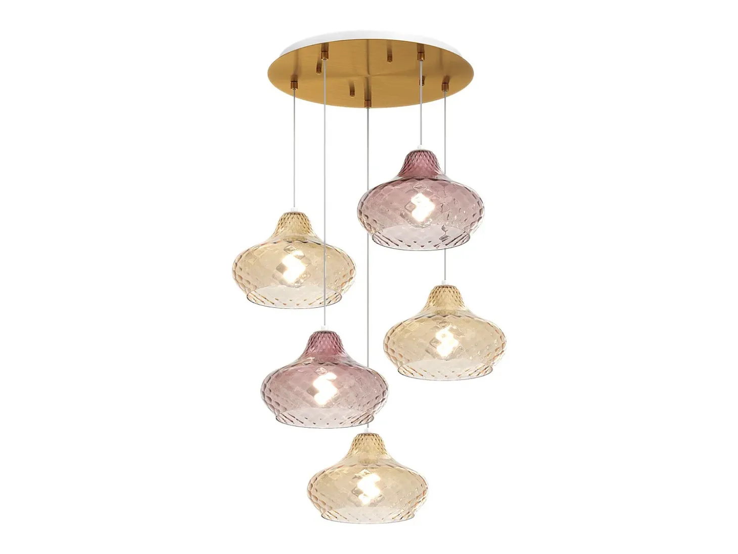 Sospensione Ottone Satinato 5 Luci Tonda Vetri (3 X Piccolo Am + 2 X Piccolo Ru)