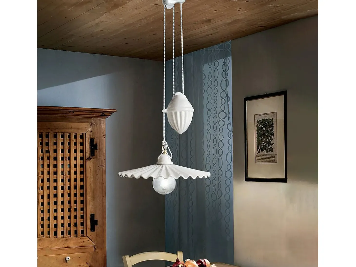 Sospensione Saliscendi Classico L'Aquila Metallo E Ceramica Ottone 1 Luce E27