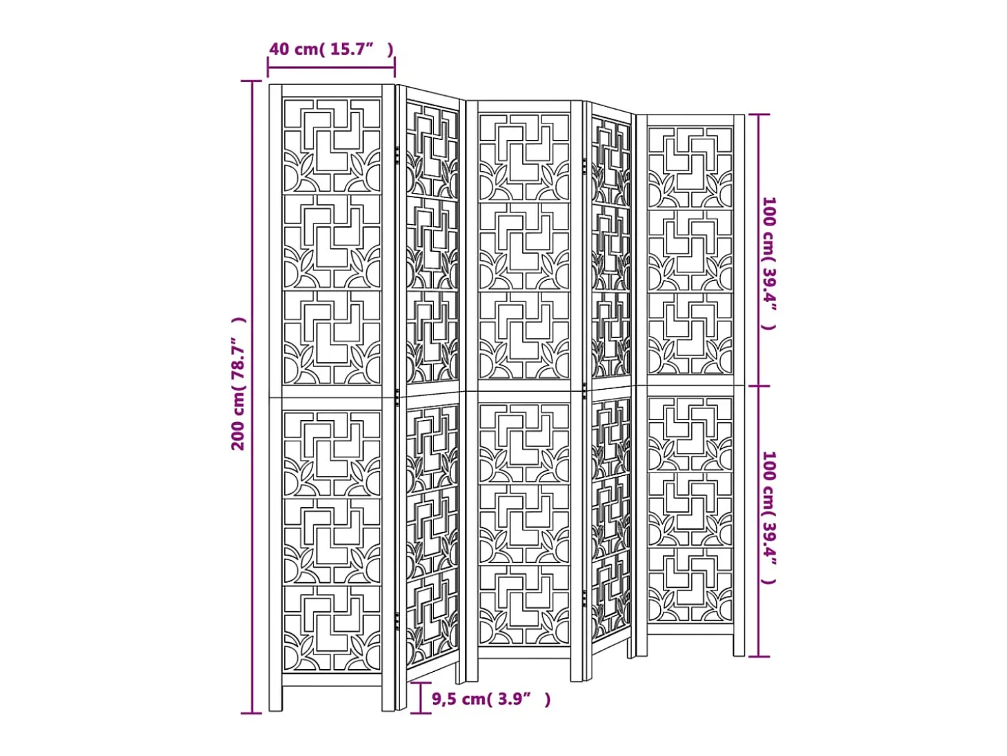 Tabique divisorio de 5 paneles en madera maciza de paulownia marrón
