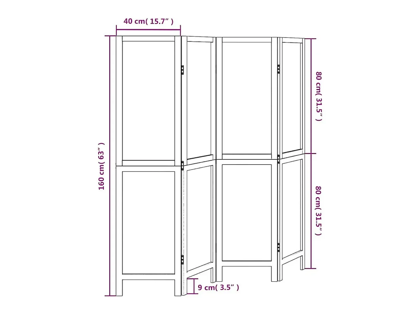 Tabique divisorio de 4 paneles en madera maciza de paulownia blanca