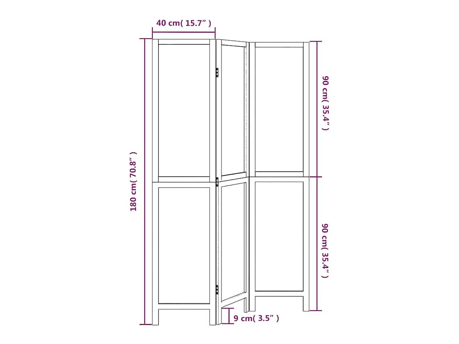Tabique divisorio de 3 paneles en madera maciza de paulownia blanca